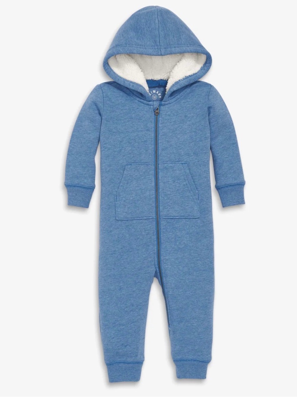 Primary. Baby Blue Hooded Sherpa-Lined One-Piece Romper.